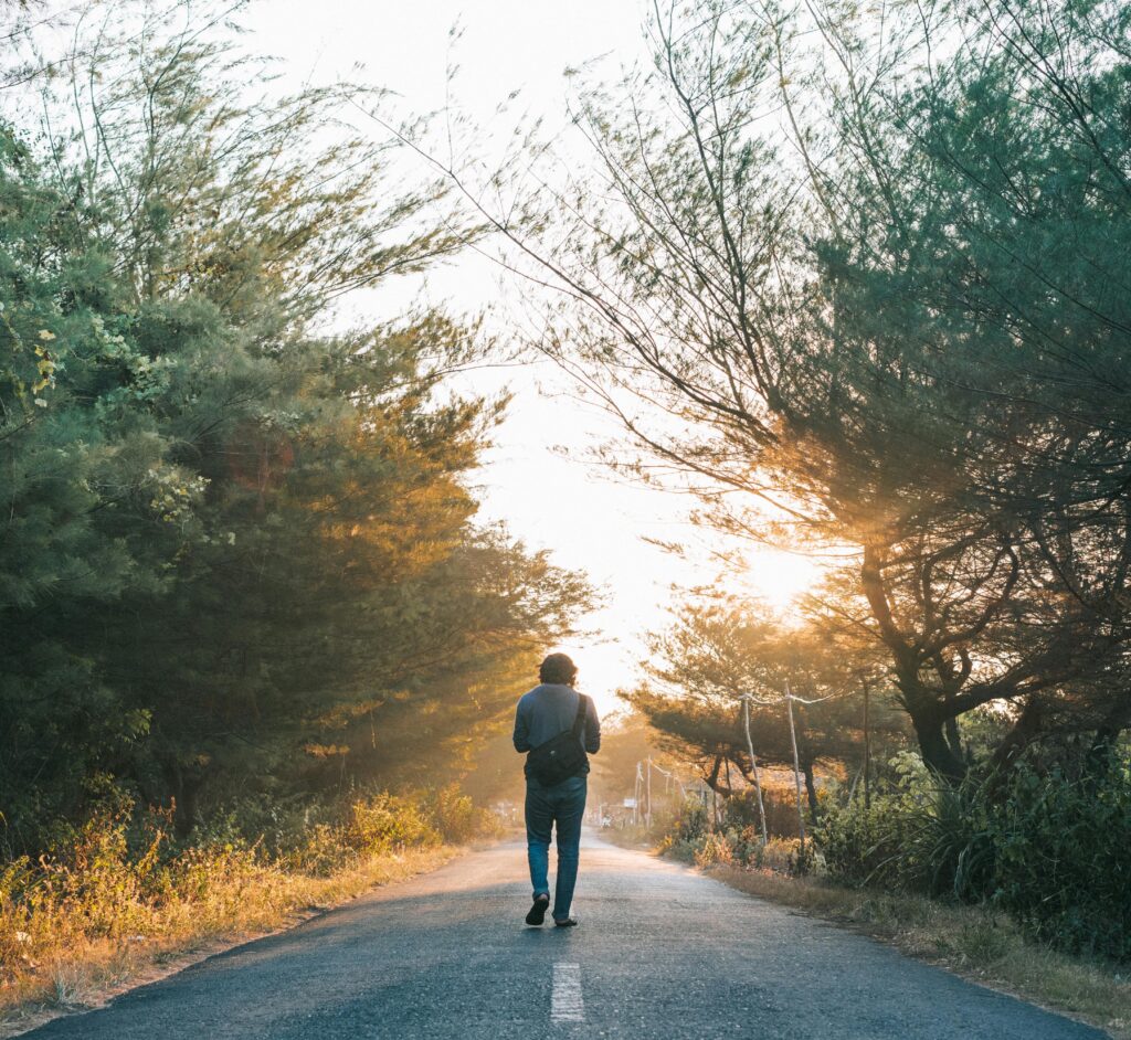 A man walks down a sunlit forest path, surrounded by trees in a tranquil morning light.