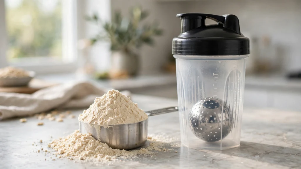 A scoop of protein powder next to a shaker bottle on a kitchen counter.
