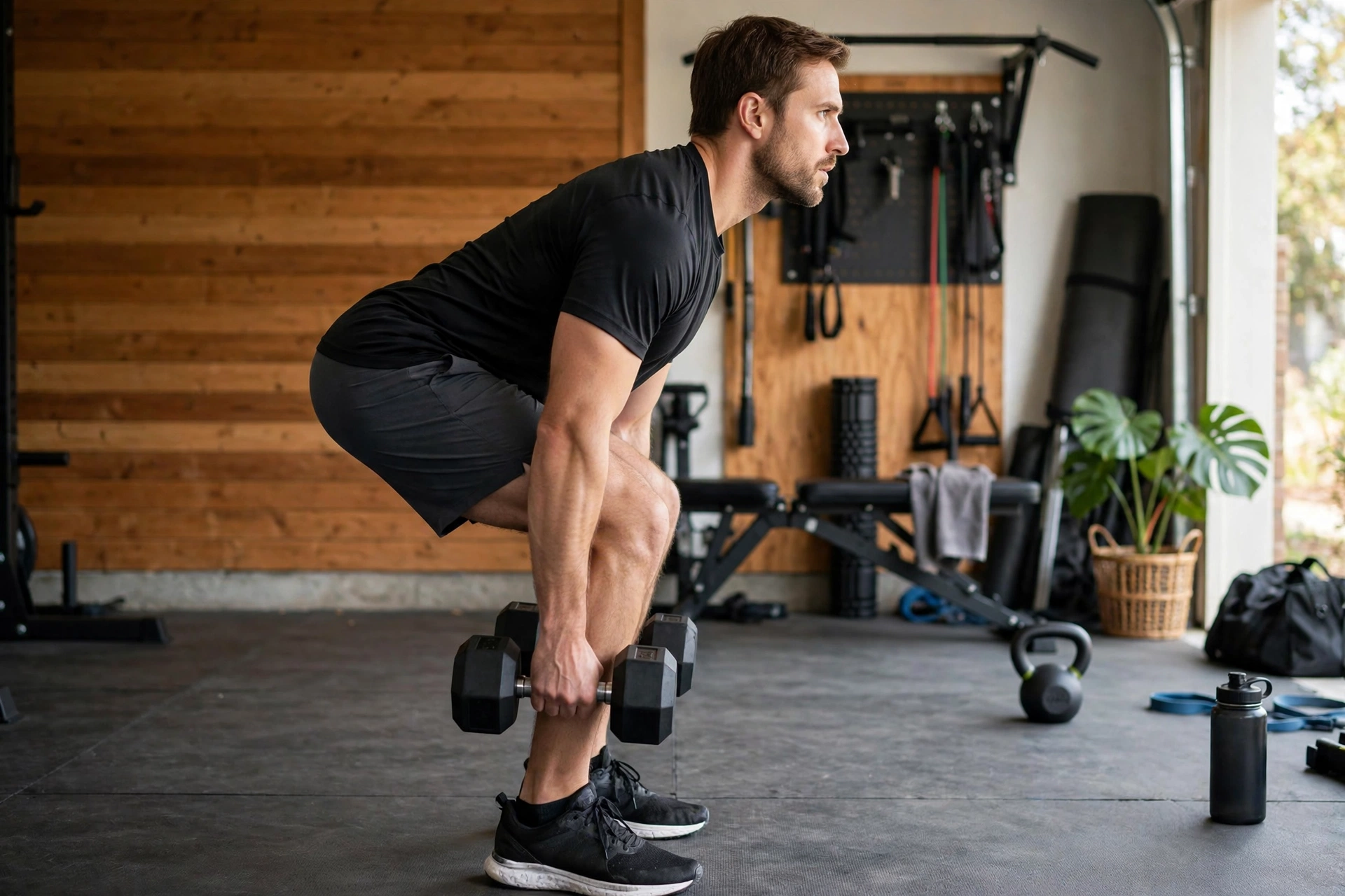 Man demonstrating a dumbbell Romanian deadlift with a flat back and slight knee bend