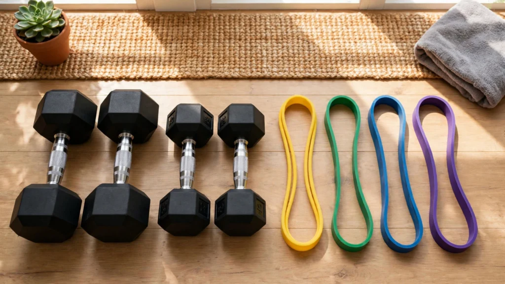 Dumbbells and resistance bands laid out side by side for a home workout.