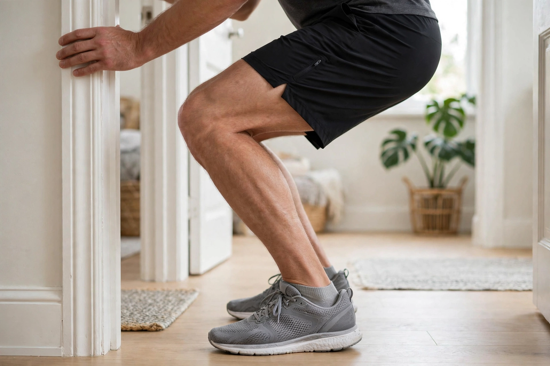 Close-up side view of a man doing an assisted squat holding a doorframe, knees tracking over toes